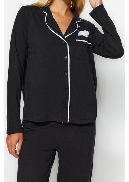 Kadın Moda Gömlek Yaka Boru Paça Uzun Kol Pamuklu Panda Baskılı Gömlek-Pantolon Örme Pijama Takımı modelleri