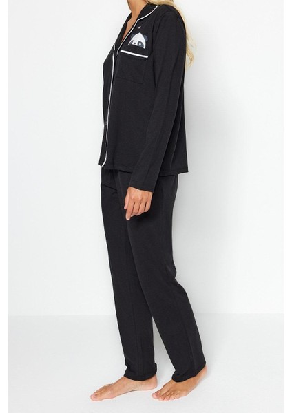 Kadın Moda Gömlek Yaka Boru Paça Uzun Kol Pamuklu Panda Baskılı Gömlek-Pantolon Örme Pijama Takımı fırsatları