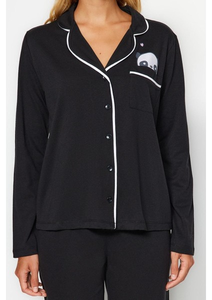 Kadın Moda Gömlek Yaka Boru Paça Uzun Kol Pamuklu Panda Baskılı Gömlek-Pantolon Örme Pijama Takımı indirimleri