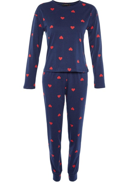 Kadın Moda Şık Bisiklet Yaka Boru Paça Uzun Kol %100 Pamuklu Kalpli Örme Pijama Takımı