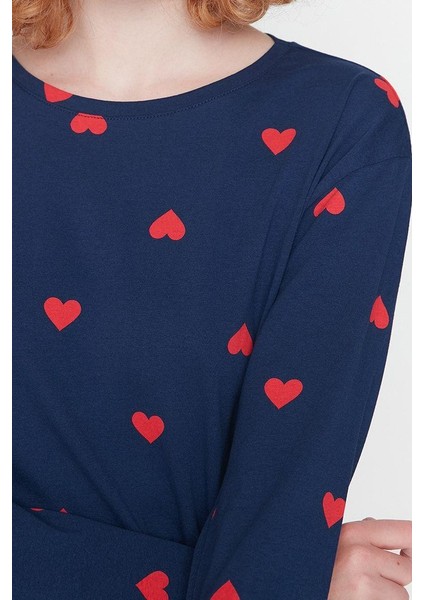 Kadın Moda Şık Bisiklet Yaka Boru Paça Uzun Kol %100 Pamuklu Kalpli Örme Pijama Takımı modelleri