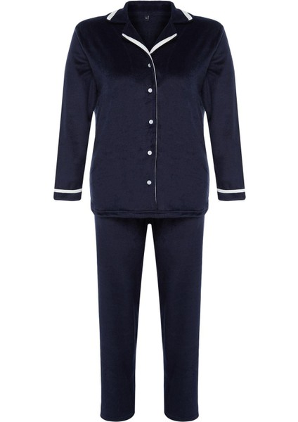 Kadın Moda Şık Büyük Beden Ceket Yaka Boru Paça Uzun Kol Gömlek Yaka Biyeli Polar Örme Pijama Takımı