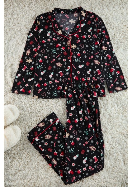Kadın Büyük Beden Boru Paça Uzun Kol Yılbaşı Temalı Biyeli Gömlek-Pantolon Örme Pijama Takımı