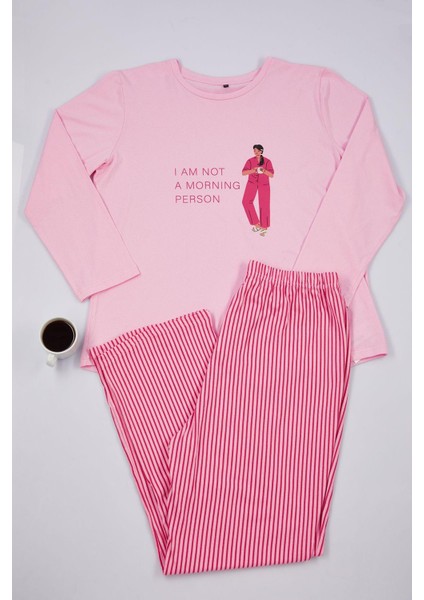Kadın Moda Şık Büyük Beden Bisiklet Yaka Boru Paça Uzun Kol Çizgili Örme Pijama Takımı