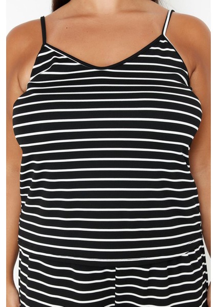 Kadın Moda Şık Büyük Beden U Yaka Boru Paça Askılı Kol Çizgili Ince Asklı Örme Pijama Takımı fırsatları