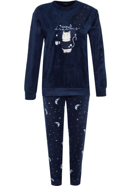 Kadın Moda Şık Bisiklet Yaka Lastikli Paça Uzun Kol Kedi Nakışlı Kadife Kışlık Örme Pijama Takımı