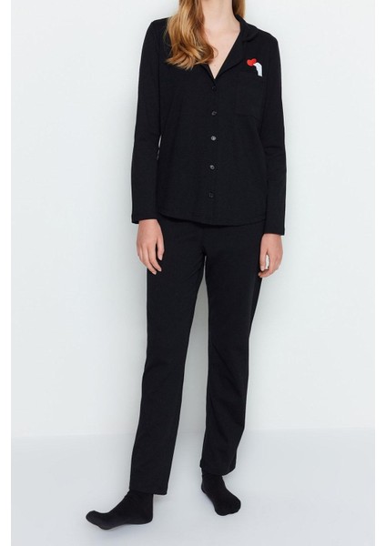 Kadın Moda Gömlek Yaka Boru Paça Uzun Kol Pamuklu Kalp Baskılı Gömlek-Pantolon Örme Pijama Takımı