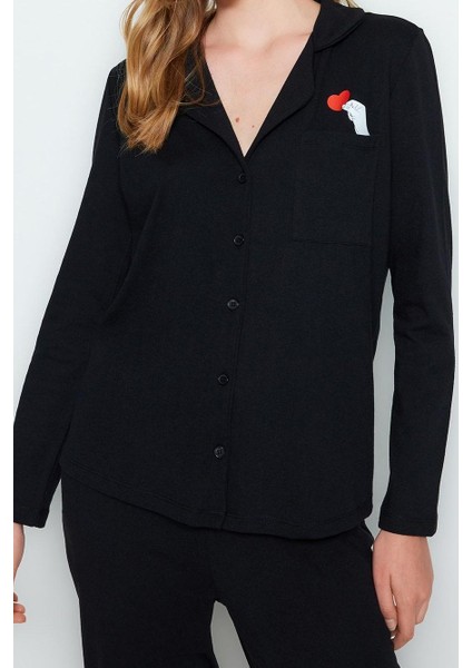 Kadın Moda Gömlek Yaka Boru Paça Uzun Kol Pamuklu Kalp Baskılı Gömlek-Pantolon Örme Pijama Takımı fiyatları