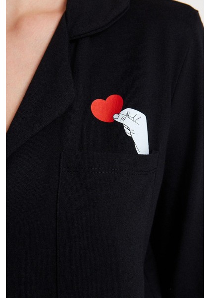 Kadın Moda Gömlek Yaka Boru Paça Uzun Kol Pamuklu Kalp Baskılı Gömlek-Pantolon Örme Pijama Takımı fırsatları