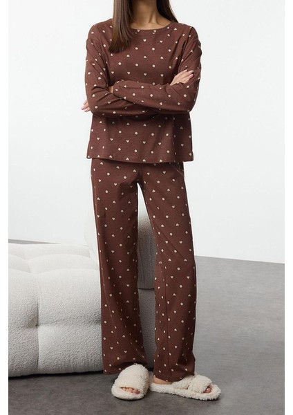 Kadın Moda Bisiklet Yaka Boru Paça Uzun Kol Pamuklu Puantiye ve Kalp Desenli Örme Pijama Takımı