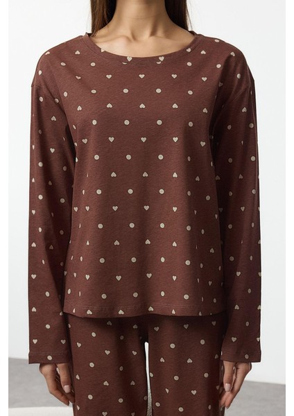 Kadın Moda Bisiklet Yaka Boru Paça Uzun Kol Pamuklu Puantiye ve Kalp Desenli Örme Pijama Takımı fiyatları