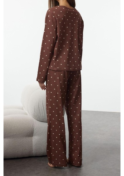 Kadın Moda Bisiklet Yaka Boru Paça Uzun Kol Pamuklu Puantiye ve Kalp Desenli Örme Pijama Takımı fırsatları