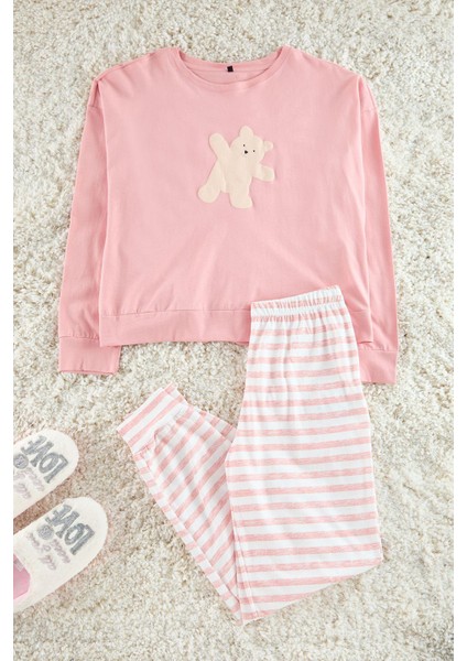 Kadın Moda Şık Bisiklet Yaka Lastikli Paça Uzun Kol Pamuklu Ayıcık Baskılı Örme Pijama Takımı