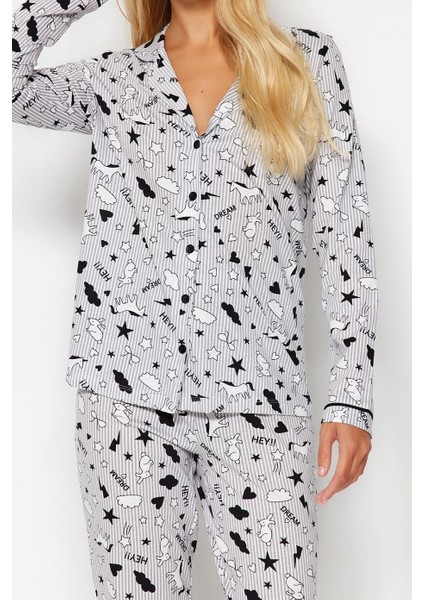 Kadın Moda Şık Gömlek Yaka Boru Paça Uzun Kol Desenli Örme Pijama Takımı fiyatları