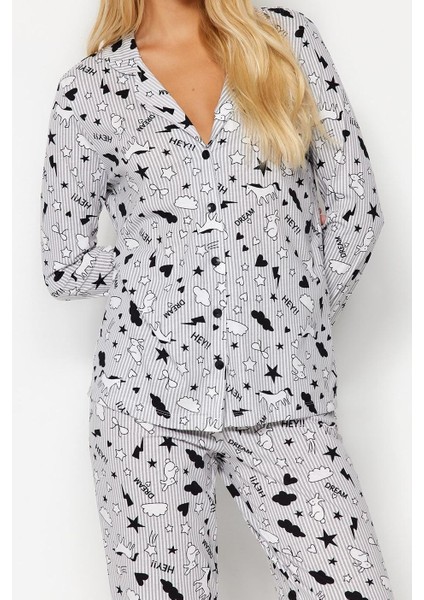 Kadın Moda Şık Gömlek Yaka Boru Paça Uzun Kol Desenli Örme Pijama Takımı modelleri