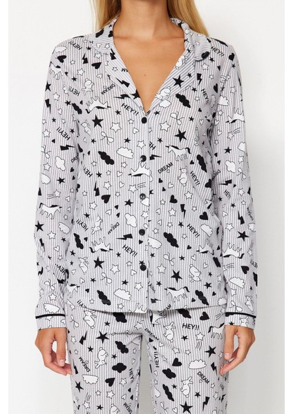 Kadın Moda Şık Gömlek Yaka Boru Paça Uzun Kol Desenli Örme Pijama Takımı fırsatları