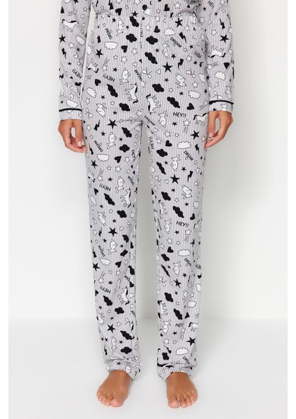 Kadın Moda Şık Gömlek Yaka Boru Paça Uzun Kol Desenli Örme Pijama Takımı indirimleri