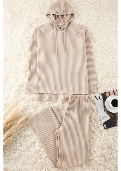 Kadın Moda Şık Kapüşonlu Boru Paça Uzun Kol Pamuklu Fitilli Örme Pijama Takımı