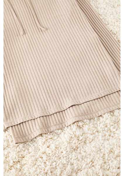 Kadın Moda Şık Kapüşonlu Boru Paça Uzun Kol Pamuklu Fitilli Örme Pijama Takımı
