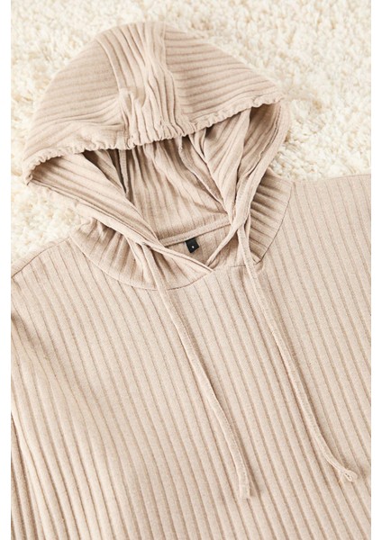 Kadın Moda Şık Kapüşonlu Boru Paça Uzun Kol Pamuklu Fitilli Örme Pijama Takımı