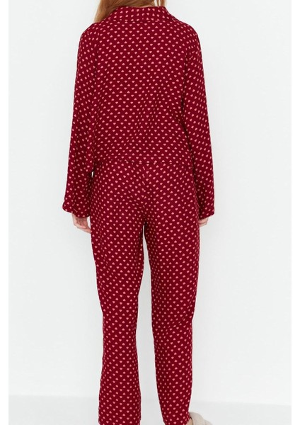 Kadın Moda Şık V Yaka Boru Paça Uzun Kol Kalp Desenli Bağlama Detaylı Viskon Dokuma Pijama Takımı fırsatları