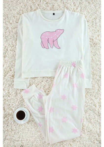 Kadın Moda Şık Bisiklet Yaka Boru Paça Uzun Kol %100 Pamuklu Yıldız Desenli Örme Pijama Takımı