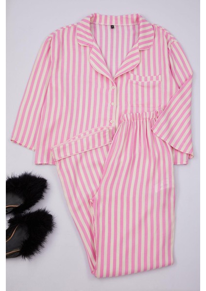 Kadın Moda Şık Gömlek Yaka Boru Paça Truvakar Kol Çizgili Biyeli Viskon Dokuma Pijama Takımı