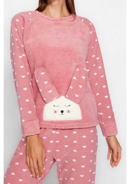 Kadın Moda Bisiklet Yaka Boru Paça Uzun Kol 3lü Kalpli Uyku Bantlı Polar Kışlık Örme Pijama Takımı