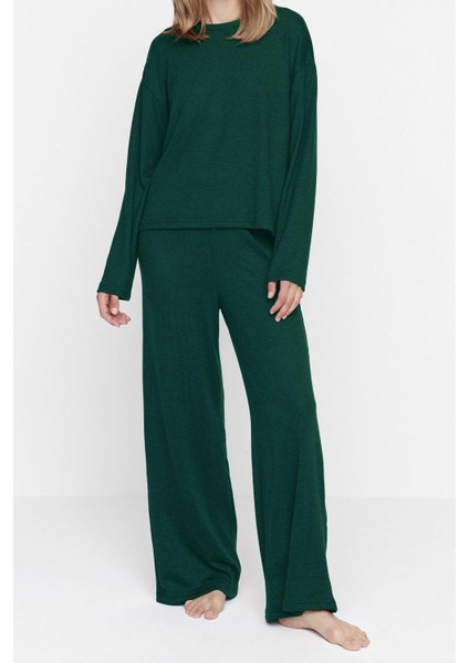 Kadın Moda Şık Bisiklet Yaka Geniş Paça Uzun Kol Fitilli Örme Pijama Takımı