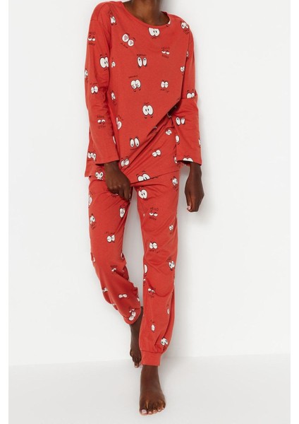 Kadın Boru Paça Uzun Kol Tarçın %100 Pamuklu Göz Desenli T-Shirt-Jogger Örme Pijama Takımı