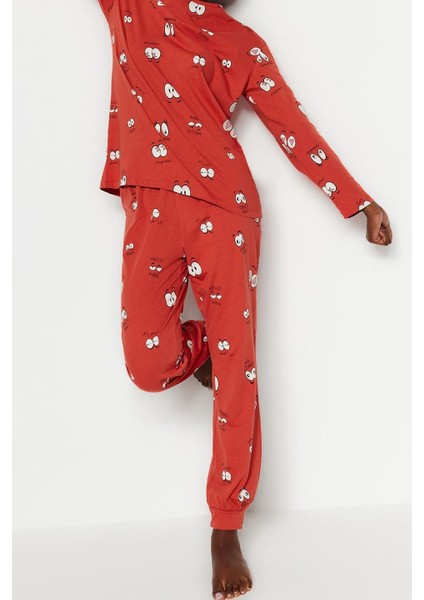 Kadın Boru Paça Uzun Kol Tarçın %100 Pamuklu Göz Desenli T-Shirt-Jogger Örme Pijama Takımı fiyatları