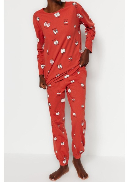 Kadın Boru Paça Uzun Kol Tarçın %100 Pamuklu Göz Desenli T-Shirt-Jogger Örme Pijama Takımı modelleri