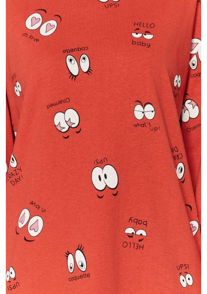 Kadın Boru Paça Uzun Kol Tarçın %100 Pamuklu Göz Desenli T-Shirt-Jogger Örme Pijama Takımı fırsatları