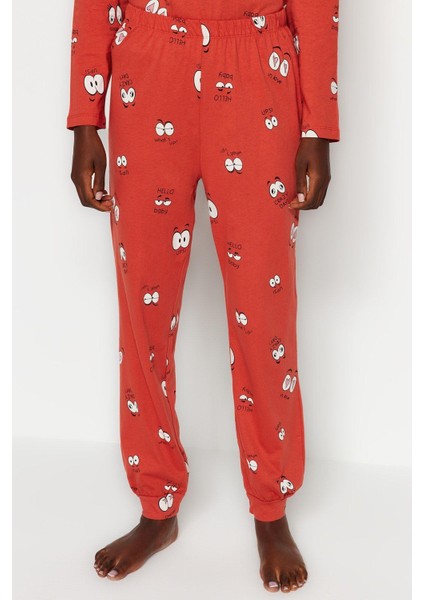 Kadın Boru Paça Uzun Kol Tarçın %100 Pamuklu Göz Desenli T-Shirt-Jogger Örme Pijama Takımı indirimleri