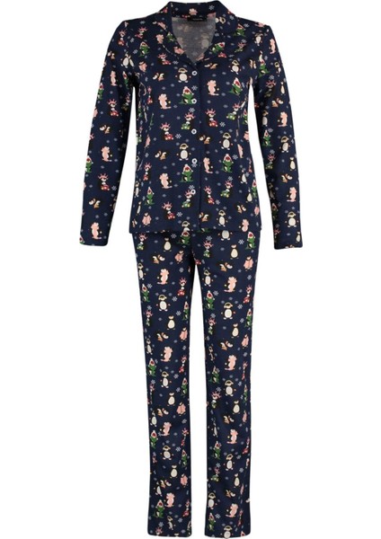 Kadın Moda Gömlek Yaka Boru Paça Uzun Kol Pamuk Penguen Desenli Kış Temalı Örme Pijama Takımı