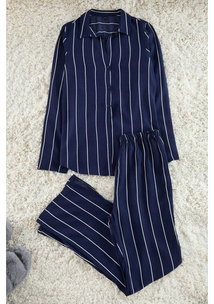 Kadın Boru Paça Uzun Kol Çizgili Yırtmaç Detaylı Viskon Gömlek-Pantolon Dokuma Pijama Takımı