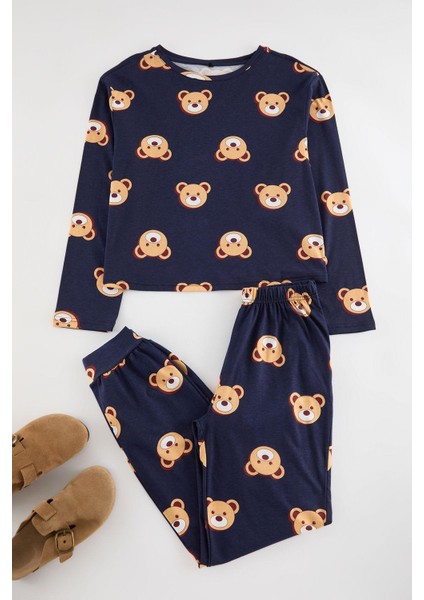 Kadın Moda Şık Bisiklet Yaka Boru Paça Uzun Kol Pamuklu Ayıcık Desenli Örme Pijama Takımı