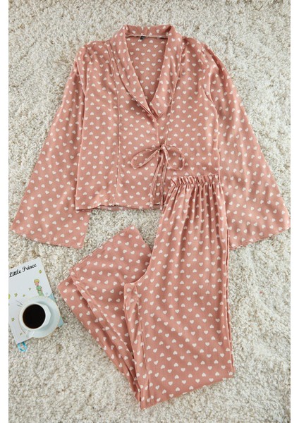 Kadın Moda V Yaka Boru Paça Uzun Kol Kalp Desenli Bağlama Detaylı Viskon Hamile Dokuma Pijama Takımı