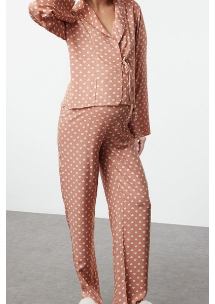 Kadın Moda V Yaka Boru Paça Uzun Kol Kalp Desenli Bağlama Detaylı Viskon Hamile Dokuma Pijama Takımı fiyatları