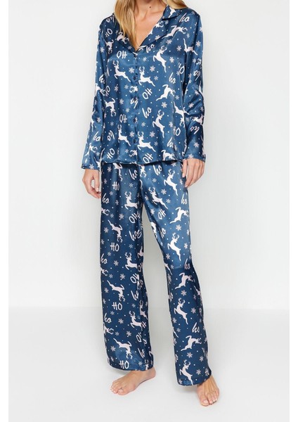 Kadın Boru Paça Uzun Kol Lacivert- Yılbaşı Temalı Saten Gömlek-Pantolon Dokuma Pijama Takımı