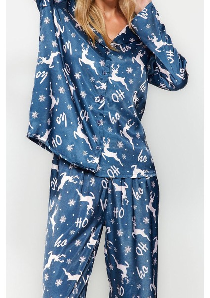 Kadın Boru Paça Uzun Kol Lacivert- Yılbaşı Temalı Saten Gömlek-Pantolon Dokuma Pijama Takımı fiyatları