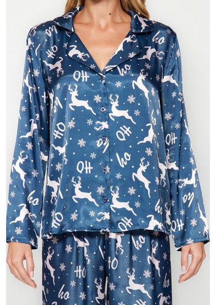 Kadın Boru Paça Uzun Kol Lacivert- Yılbaşı Temalı Saten Gömlek-Pantolon Dokuma Pijama Takımı modelleri