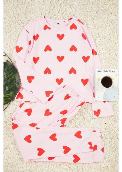 Kadın Moda Şık Bisiklet Yaka Boru Paça Uzun Kol Pamuklu Kalpli Örme Pijama Takımı