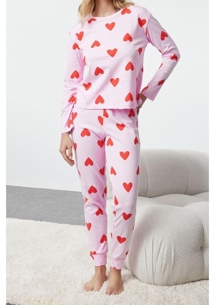 Kadın Moda Şık Bisiklet Yaka Boru Paça Uzun Kol Pamuklu Kalpli Örme Pijama Takımı