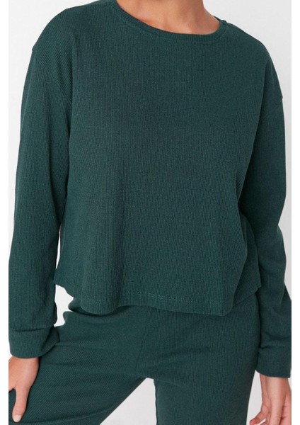 Kadın Moda Şık Bisiklet Yaka Boru Paça Uzun Kol Fitilli Örme Pijama Takımı fiyatları