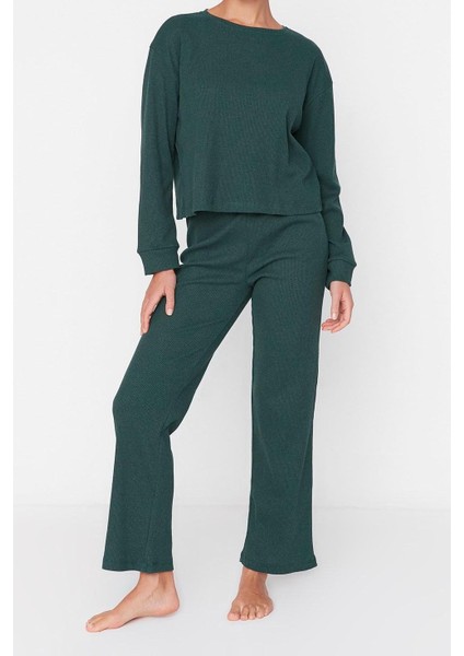 Kadın Moda Şık Bisiklet Yaka Boru Paça Uzun Kol Fitilli Örme Pijama Takımı modelleri