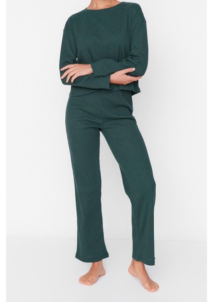 Kadın Moda Şık Bisiklet Yaka Boru Paça Uzun Kol Fitilli Örme Pijama Takımı fırsatları