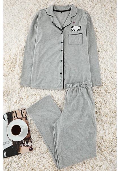 Kadın Moda Şık Gömlek Yaka Boru Paça Uzun Kol Pamuklu Panda Baskılı Örme Pijama Takımı