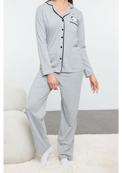Kadın Moda Şık Gömlek Yaka Boru Paça Uzun Kol Pamuklu Panda Baskılı Örme Pijama Takımı fiyatları