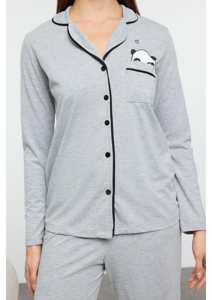 Kadın Moda Şık Gömlek Yaka Boru Paça Uzun Kol Pamuklu Panda Baskılı Örme Pijama Takımı modelleri